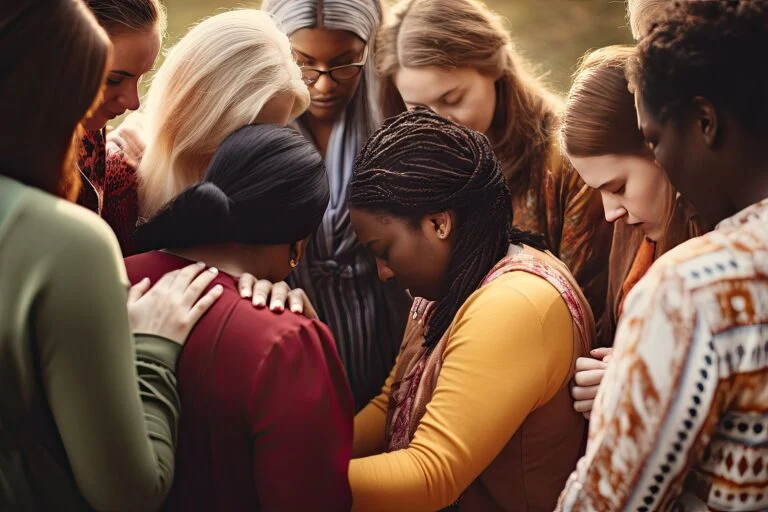 A circle of women praying with their hands on each other's shoulders