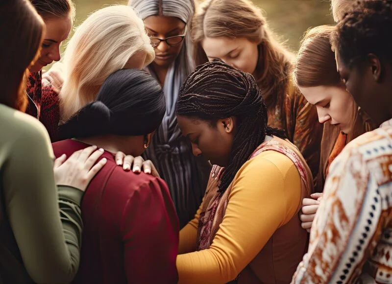 A circle of women praying with their hands on each other's shoulders